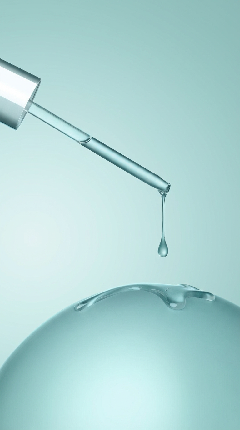 Close-up of a dropper dispensing a clear salicylic acid serum onto a rounded teal surface.