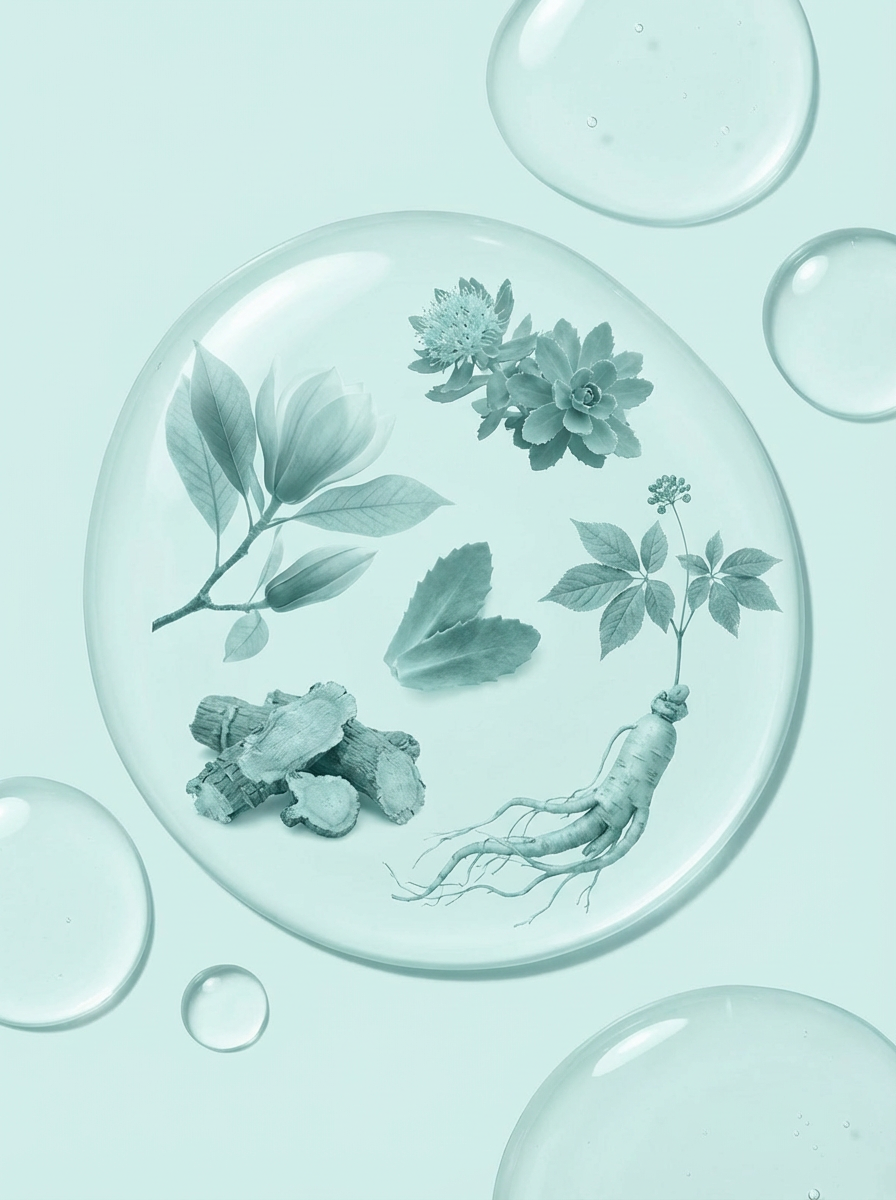 Magnolia flower, Rhodiola rosea plant, and Ginseng root suspended in a transparent liquid serum drop.