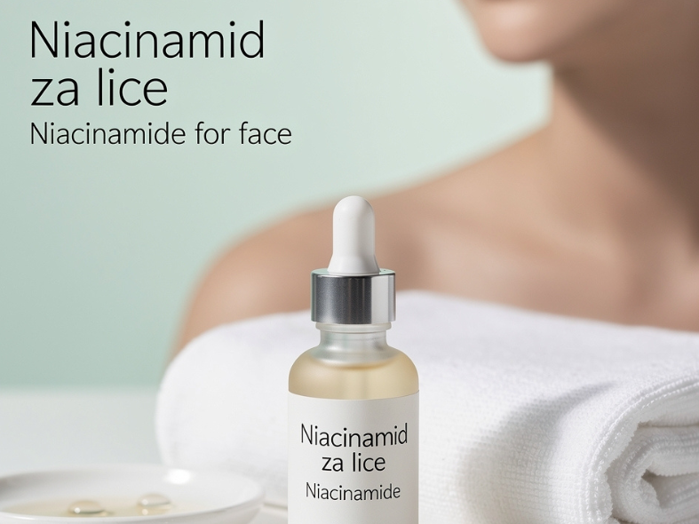 Bottle of Niacinamide serum for face with dropper, sitting on a white towel next to a small dish.