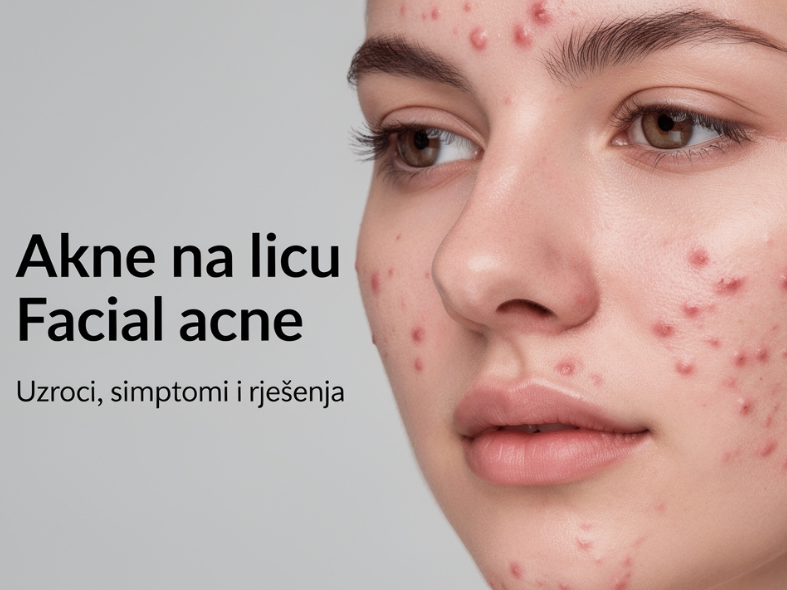 Close-up profile view of a young woman with visible facial acne on cheeks and chin, next to text reading 'Facial acne'.