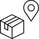 Line art icon showing a cardboard delivery box and a map location pin.