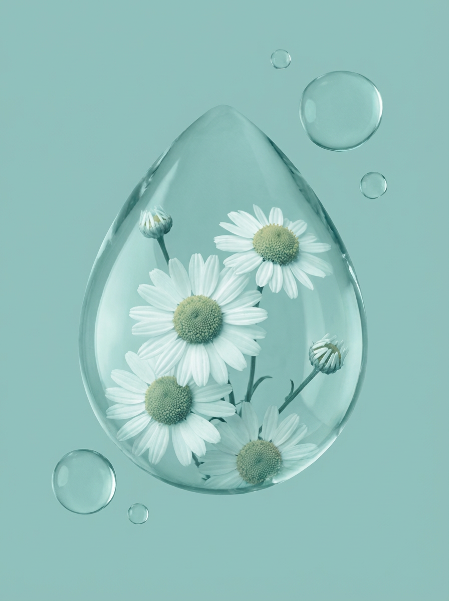 White chamomile flowers and buds inside a large clear water droplet, representing bisabolol skincare ingredient, against a turquoise background with smaller bubbles.