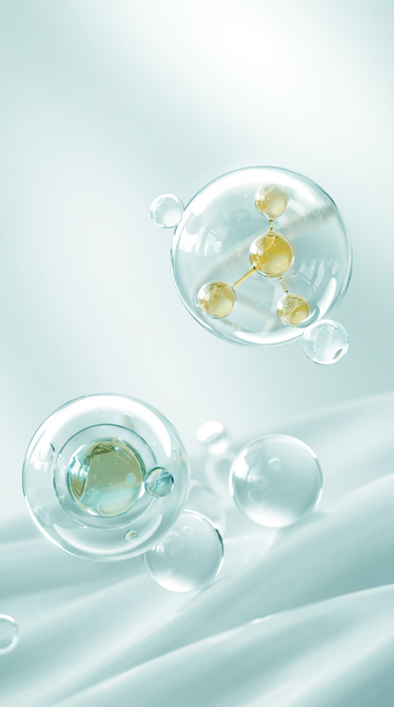 Scientific visualization of Natural Moisturizing Factors (NMF) molecules encapsulated in transparent bubbles floating over a silky, light blue hydrating background.