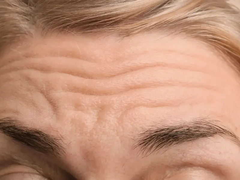 Close-up photograph showing deep wrinkles and frown lines on a person's forehead.