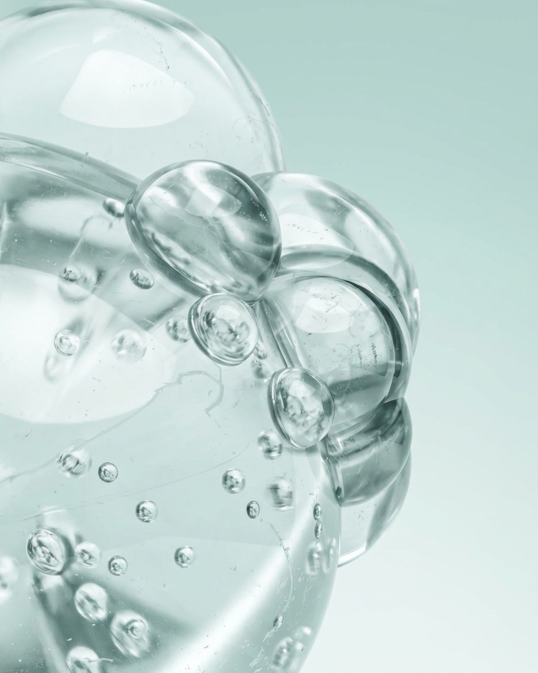 Macro shot of transparent hydrolyzed hyaluronic acid bubbles and liquid spheres representing molecular structure.