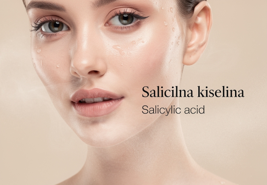 Krupni plan lica žene s čistom, hidratiziranom kožom i kapljicama vode, uz tekst 'Salicilna kiselina' i 'Salicylic acid'.