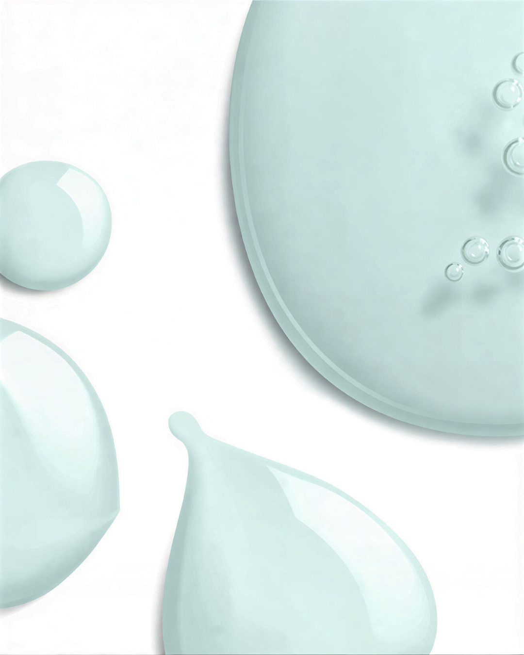 Close-up of light blue cosmetic fluid droplets representing Vitamin E ingredient, isolated on a white background with small bubbles.