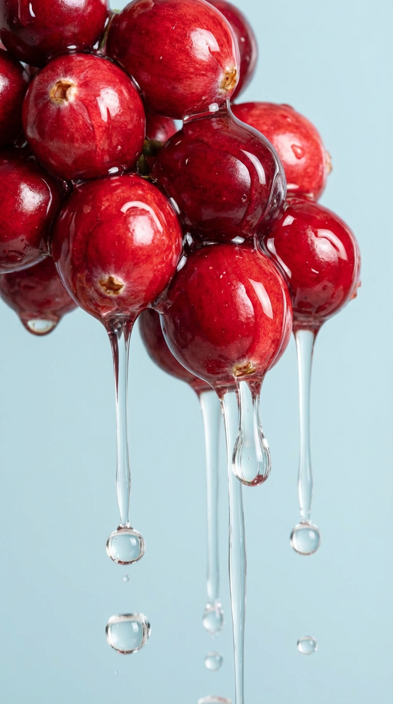 Macro photograph of a cluster of fresh red cranberries with clear liquid dripping down and forming droplets against a light blue background.