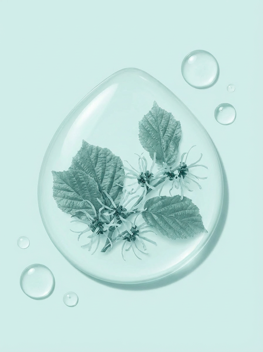A branch of Hamamelis (witch hazel) with leaves and flowers encapsulated within a large transparent water droplet, surrounded by smaller droplets on a light teal background, symbolizing a natural cosmetic ingredient.