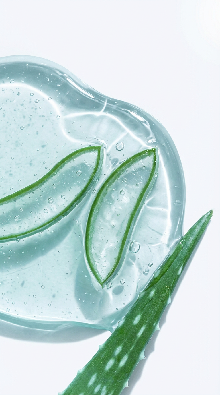 Close-up view of clear aloe vera gel with fresh slices and a leaf, emphasizing it as a natural skincare ingredient.