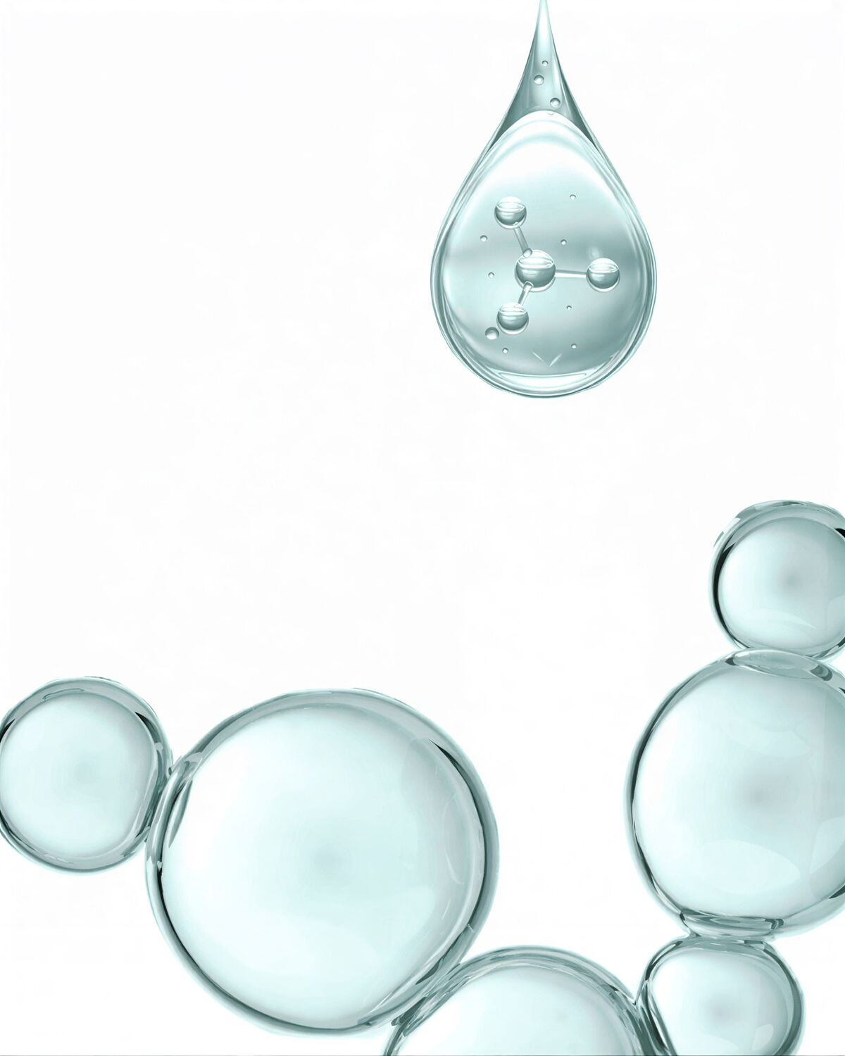 Scientific illustration showing a carnosine peptide molecule structure inside a clear water droplet, surrounded by bubbles on a white background.