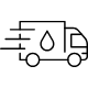 Line art icon of a speeding delivery truck with a droplet symbol, representing free shipping or fast delivery.