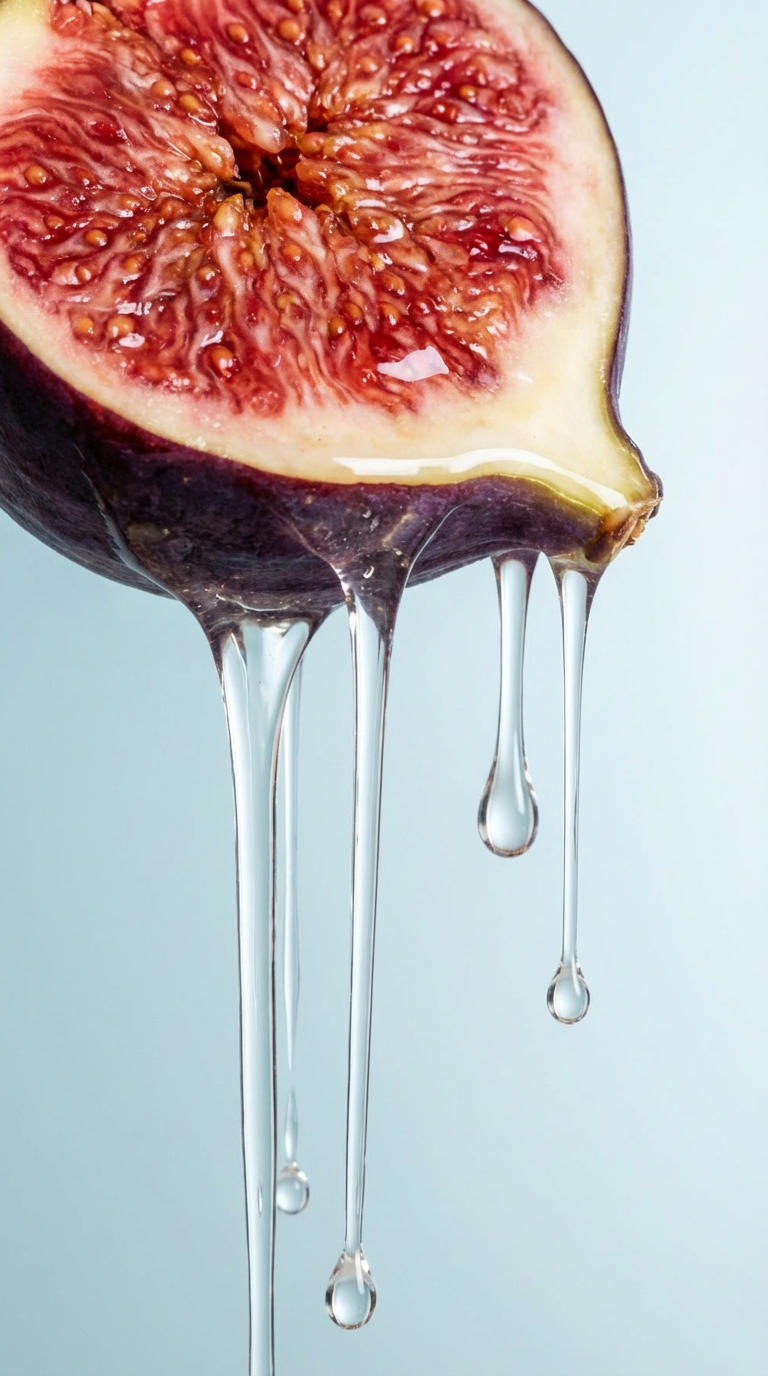 Close-up of a halved fresh fig with clear liquid, like honey or syrup, dripping from it against a light blue background.