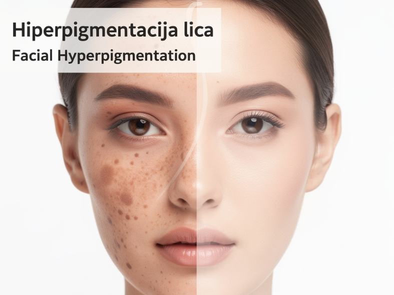 A split image showing a woman's face with hyperpigmentation dark spots on the left side and clear, treated skin on the right side.