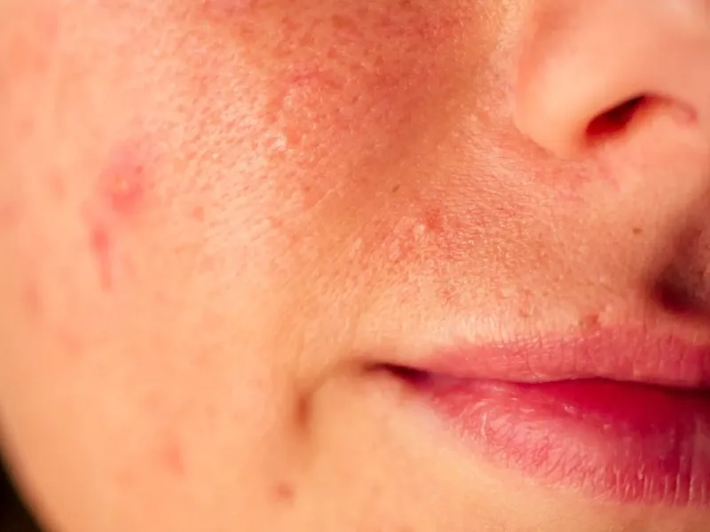 A close-up photograph of a person's cheek and mouth area showing red acne pimples, uneven skin texture, and clogged pores.