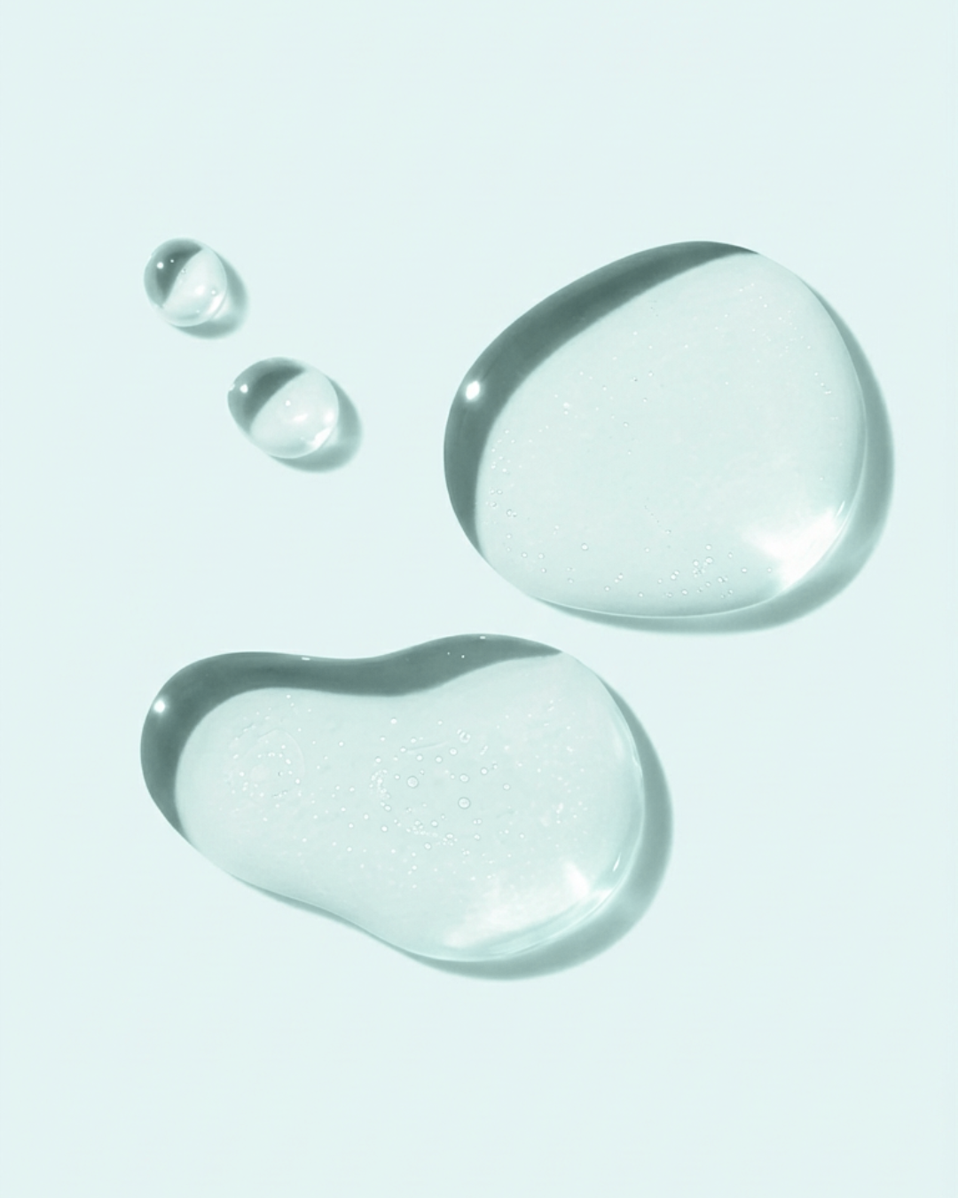 Close-up view of clear glycolic acid gel drops on a light blue surface, showing texture.