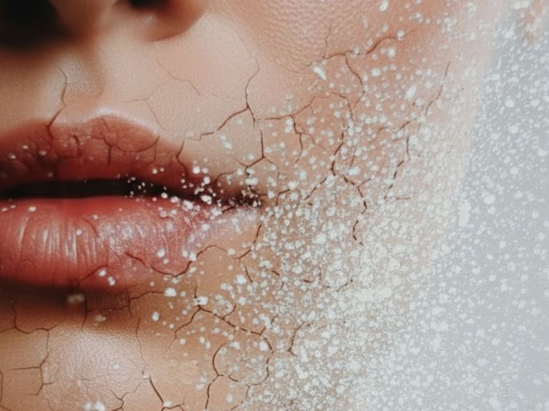 Close-up of dry, cracked skin on a woman's face, illustrating the dehydrating effects of caffeine and alcohol.