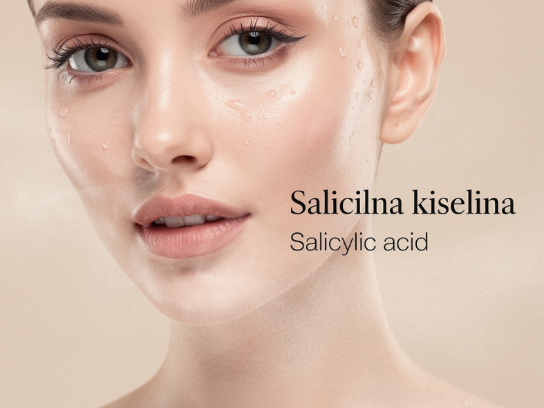 Close-up of a woman's face with clear, hydrated skin and water droplets, with text 'Salicylic acid' and 'Salicilna kiselina' next to her.