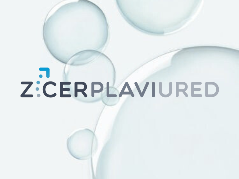 ZICER Plavi ured (Blue Office) logo featuring text and light blue water bubbles in the background.