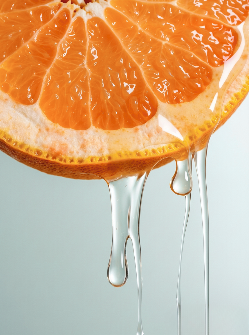 Close-up view of a fresh orange slice with clear liquid serum dripping from it.