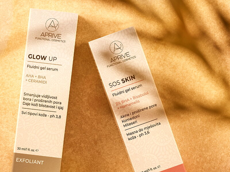 Two boxes of Aprive Functional Cosmetics serums: Glow Up Exfoliant with AHA, BHA, Ceramides and SOS Skin for oily to combination skin with 2% BHA, Bisabolol, Hamamelis.