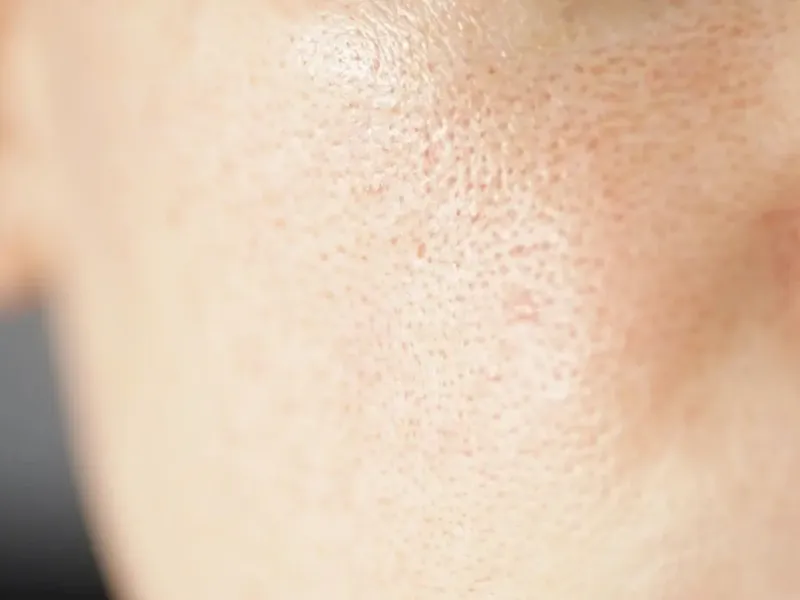 A close-up photograph showing the texture of human skin with visible, enlarged pores on the cheek area near the nose.