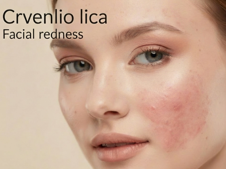 Close-up of a woman's face showing visible facial redness on her left cheek, indicating sensitive skin or conditions like rosacea.