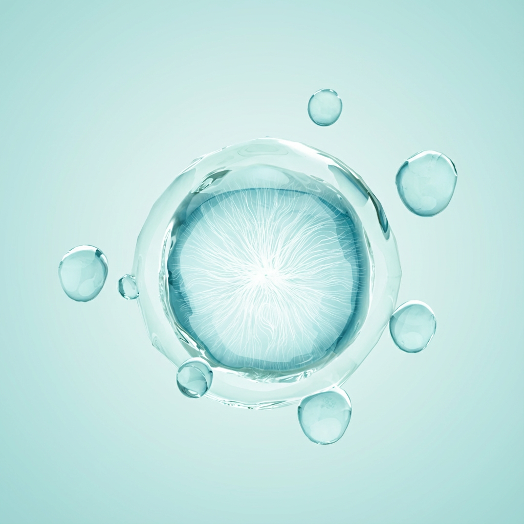 Stylized scientific illustration of an Ectoin molecule forming a protective barrier with water droplets, highlighting its hydration and cell protection properties as an ingredient.