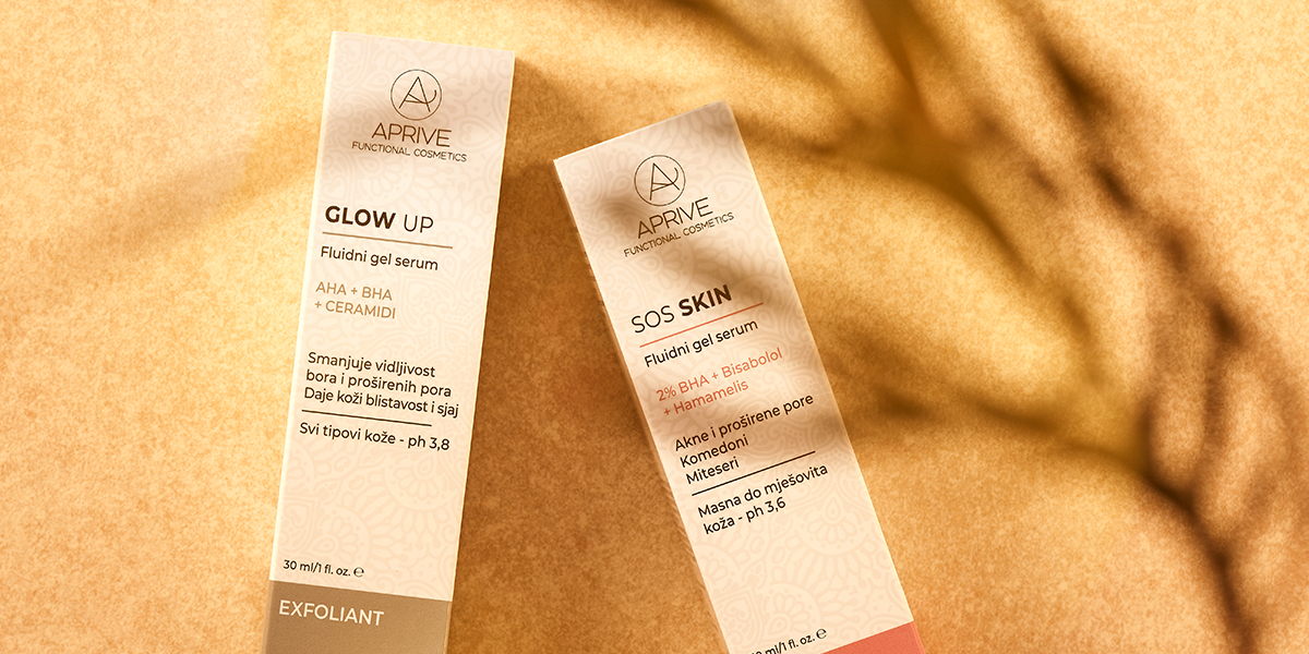 Dvije kutije Aprive Functional Cosmetics seruma: Glow Up eksfolijant s AHA, BHA, ceramidima i SOS Skin za masnu do mješovitu kožu s 2% BHA, bisabololom, hamamelisom.