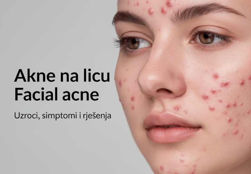 Krupni plan profila djevojke s izraženim aknama na licu, uz tekst 'Akne na licu: Uzroci, simptomi i rješenja'.