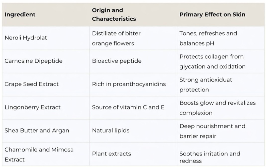 Table listing Illumina BB Cream ingredients like Neroli Hydrolat, Carnosine Dipeptide, Grape Seed Extract, their origin, and primary effects on skin.