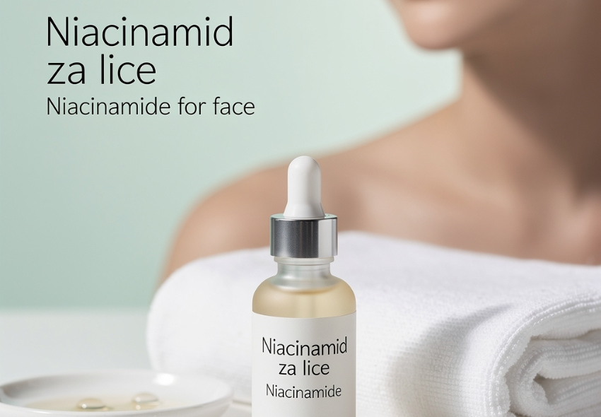Bočica niacinamid seruma za lice s kapaljkom, stoji na bijelom ručniku pored male zdjelice.