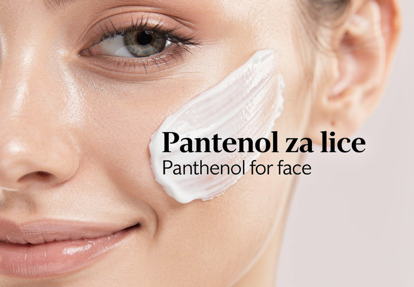 Krupni plan lica žene s namazom bijele pantenol kreme na obrazu.